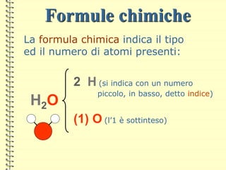 La formula chimica indica il tipo
ed il numero di atomi presenti:
Formule chimiche
H2O
2 H (si indica con un numero
piccolo, in basso, detto indice)
(1) O (l’1 è sottinteso)
 