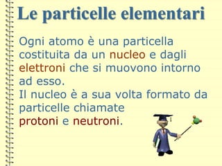 Le particelle elementari
Ogni atomo è una particella
costituita da un nucleo e dagli
elettroni che si muovono intorno
ad esso.
Il nucleo è a sua volta formato da
particelle chiamate
protoni e neutroni.
 