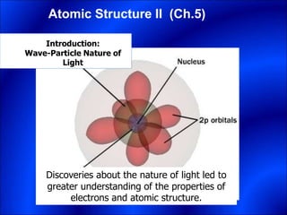 Atomic Structure II (Ch.5)
Introduction:
Wave-Particle Nature of
Light
Discoveries about the nature of light led to
greater understanding of the properties of
electrons and atomic structure.
 