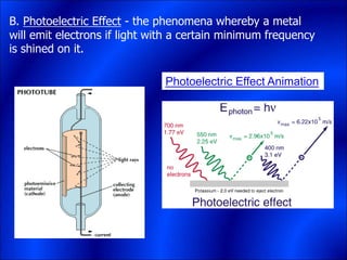 Photoelectric Effect Animation
B. Photoelectric Effect - the phenomena whereby a metal
will emit electrons if light with a certain minimum frequency
is shined on it.
 