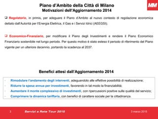  Regolatorio, in primis, per adeguare il Piano d’Ambito al nuovo contesto di regolazione economica
dettato dall’Autorità per l’Energia Elettrica, il Gas e i Servizi Idrici (AEEGSI);
 Economico-Finanziario, per modificare il Piano degli Investimenti e rendere il Piano Economico
Finanziario sostenibile nel lungo periodo. Per questo motivo è stato esteso il periodo di riferimento del Piano
vigente per un ulteriore decennio, portando la scadenza al 2037.
3 marzo 20153 Servizi a Rete Tour 2015
Piano d’Ambito della Città di MilanoPiano d’Ambito della Città di Milano
Motivazioni dell’Aggiornamento 2014Motivazioni dell’Aggiornamento 2014
- Rimodulare l’andamento degli interventi, adeguandolo alle effettive possibilità di realizzazione;
- Ridurre la spesa annua per investimenti, favorendo in tal modo la finanziabilità;
- Aumentare il monte complessivo di investimenti, con ripercussioni positive sulla qualità del servizio;
- Comprimere la dinamica tariffaria, con benefici di carattere sociale per la cittadinanza.
Benefici attesi dall’Aggiornamento 2014Benefici attesi dall’Aggiornamento 2014
 