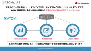 ©2020 SO Technologies inc. 2
①ATOMとは？
各媒体API連携で取得したデータを基に3つのメイン機能で効率化をご提供しています
運用者のニーズを集約し、リスティング広告、ディスプレイ広告、ソーシャルメディア広告、
DSPの運用管理に必要な機能を搭載した運用型広告の統合管理プラットフォーム
レポート生成機能 進捗管理機能 アラート機能
媒体データベース
 