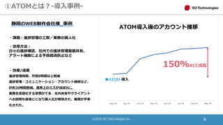 ©2020 SO Technologies inc. 6
①ATOMとは？-導入事例-
・課題：進捗管理の工数／業務の属人化
・活用方法：
日々の進捗確認、社内での進捗管理画面共有、
アラート機能による予算超過防止など
・効果/成果
進捗管理時間、月間8時間以上削減
進捗管理・コミュニケーション・アカウント接続など、
計約30時間削減、運用上のミスがほぼ0に。
業務を言語化する習慣ができ、社内共有やクライアント
への説明も容易にになり属人化が解消され、業務が平準
化された。
静岡のWEB制作会社様_事例
導入
150%ACC成長
ATOM導入後のアカウント推移
 
