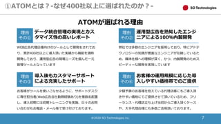 7
①ATOMとは？-なぜ400社以上に選ばれたのか？-
ATOMが選ばれる理由
理由
その①
データ統合管理の実現とカス
タマイズ性の高いレポート
理由
その②
運用型広告を熟知したエンジ
ニアによる100％内製開発
理由
その③
導入後もカスタマーサポート
による充実したサポート
理由
その④
お客様の運用規模に応じた導
入しやすい価格帯でのご提供
WEB広告代理店様向けのツールとして開発をされてお
り、累計400社以上に導入頂いた実績から機能を適時
開発しており、運用型広告の現場ニーズを掴んだ一元
管理ツールとなっています
弊社では多数のエンジニアを採用しており、特にアドテ
クノロジーの知識が豊富なエンジニアが在籍しているた
め、媒体仕様への理解が深く、かつ、内製開発のためス
ピーディーな開発を実現しています
お客様がツールを使いこなせるように、サポートデスク
に専任担当者(Web広告会社勤務経験あり)を複数名配置
し、導入初期には初期トレーニングを実施、日々のお問
い合わせもお電話・メール等で受け付けております。
少額予算のお客様を抱えている代理店様にもご導入頂
きやすい価格にてご提供させて頂いているため、フリ
ーランス・代理店立ち上げ当初からご導入頂くケース
や、大手代理店様にも多数ご活用頂いております。
©2020 SO Technologies inc.
 