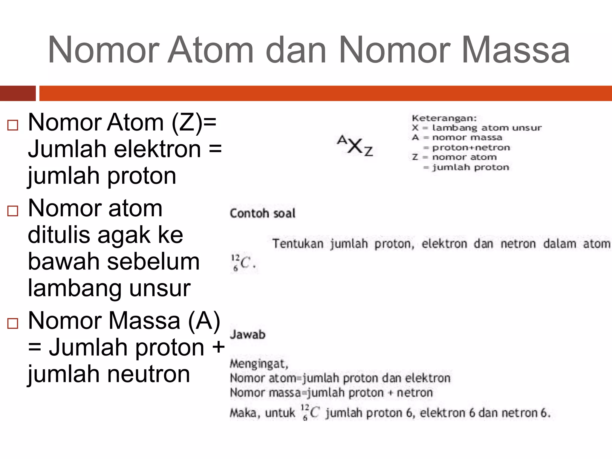 Nomor Atom dan Nomor Massa
Nomor Atom (Z)=
Jumlah elektron =
jumlah proton
Nomor atom
ditulis agak ke
bawah sebelum
lambang unsur
Nomor Massa (A)
= Jumlah proton +
jumlah neutron