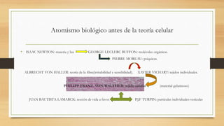 Atomismo biológico antes de la teoría celular
• ISAAC NEWTON: materia y luz GEORGE LECLERC BUFFON: moléculas orgánicas.
PIERRE MOREAU: psíquicas.
ALBRECHT VON HALLER: teoría de la fibra(irritabilidad y sensibilidad). XAVIER VICHART: tejidos individuales.
PHILIPP FRANZ VON WALTHER: tejido celular (material gelatinoso)
JUAN BAUTISTA LAMARCK: noción de vida a favor. P.J.F TURPIN: partículas individuales-vesículas
 