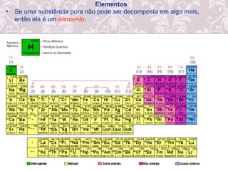 Elementos
• Se uma substância pura não pode ser decomposta em algo mais,
então ela é um elemento.
 