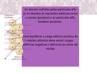 Os desvios sofridos pelas partículas alfa
eram devidos às repulsões elétricas entre
o núcleo (positivo) e as partículas alfa,
também positivas.
Para equilibrar a carga elétrica positiva do
núcleo atômico deve existir cargas
elétricas negativas ( elétrons) ao redor do
núcleo
 