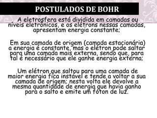 A eletrosfera está dividida em camadas ou
níveis eletrônicos, e os elétrons nessas camadas,
apresentam energia constante;
Em sua camada de origem (camada estacionária)
a energia é constante, mas o elétron pode saltar
para uma camada mais externa, sendo que, para
tal é necessário que ele ganhe energia externa;
Um elétron que saltou para uma camada de
maior energia fica instável e tende a voltar a sua
camada de origem; nesta volta ele devolve a
mesma quantidade de energia que havia ganho
para o salto e emite um fóton de luz.
POSTULADOS DE BOHR
 