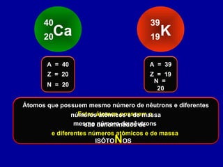Ca
40
20 K
39
19
Z = 20
A = 40
N = 20
Z = 19
A = 39
N =
20
Estes átomos possuem o
mesmo número de nêutrons
e diferentes números atômicos e de massa
Átomos que possuem mesmo número de nêutrons e diferentes
números atômicos e de massa
são denominados de
ISÓTONOS
 