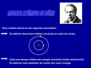Esse modelo baseia-se nos seguintes postulados:
Os elétrons descrevem órbitas circulares ao redor do núcleo.
Cada uma dessas órbitas tem energia constante (órbita estacionária)
Os elétrons mais afastados do núcleo têm maior energia.
 