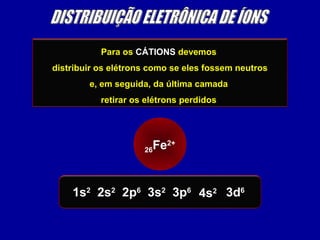Para os CÁTIONS devemos
distribuir os elétrons como se eles fossem neutros
e, em seguida, da última camada
retirar os elétrons perdidos
26Fe2+
1s2
2s2
2p6
3s2
3p6
4s2 3d6
 