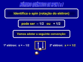 1º elétron: s = – 1/2 2º elétron: s = + 1/2
Identifica o spin (rotação do elétron)
pode ser – 1/2 ou + 1/2
Vamos adotar a seguinte convenção:
 