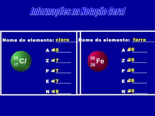 Cl17
35
Nome do elemento: _________
A = ______
Z = ______
P = ______
E = ______
N = ______
cloro
35
17
17
17
18
Fe26
56
No...