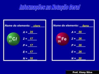 Cl17
35
Nome do elemento: _________
A = ______
Z = ______
P = ______
E = ______
N = ______
cloro
35
17
17
17
18
Fe26
56
Nome do elemento: _________
A = ______
Z = ______
P = ______
E = ______
N = ______
ferro
56
26
26
26
30
Prof. Vinny Silva
 