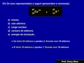 01) Os íons representados a seguir apresentam o mesmo(a):
a) massa.
b) raio atômico.
c) carga nuclear.
d) número de elétrons.
e) energia de ionização.
o Ca tinha 20 elétrons e perdeu 2, ficando com 18 elétrons
o K tinha 19 elétrons e perdeu 1, ficando com 18 elétrons
40
Ca K
39
20 19
2+ +
e
Prof. Vinny Silva
 