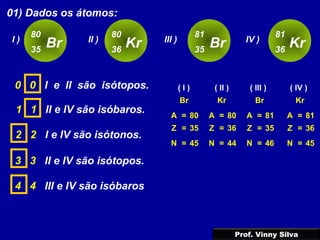 01) Dados os átomos:
Br
80
35
I )
Kr
80
36
II )
Br
81
35
III )
Kr
81
36
IV )
0 0 I e II são isótopos.
A
Z = 35
N = 45
=
Br
80 A
Z = 36
N = 44
=
Kr
80
( I ) ( II )
1 1 II e IV são isóbaros. A
Z = 36
N = 45
=
Kr
81
( IV )
2 2 I e IV são isótonos.
3 3 II e IV são isótopos.
4 4 III e IV são isóbaros
A
Z = 35
N = 46
=
Br
81
( III )
Prof. Vinny Silva
 