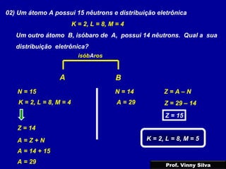02) Um átomo A possui 15 nêutrons e distribuição eletrônica
K = 2, L = 8, M = 4
Um outro átomo B, isóbaro de A, possui 14 nêutrons. Qual a sua
distribuição eletrônica?
A B
K = 2, L = 8, M = 4
N = 15
Z = 14
isóbAros
A = Z + N
A = 14 + 15
A = 29
N = 14
A = 29
Z = A – N
Z = 29 – 14
Z = 15
K = 2, L = 8, M = 5
Prof. Vinny Silva
 