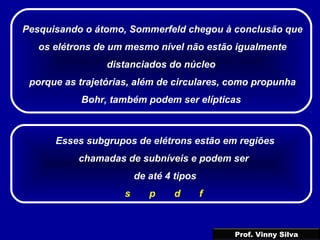 Pesquisando o átomo, Sommerfeld chegou à conclusão que
os elétrons de um mesmo nível não estão igualmente
distanciados do núcleo
porque as trajetórias, além de circulares, como propunha
Bohr, também podem ser elípticas
Esses subgrupos de elétrons estão em regiões
chamadas de subníveis e podem ser
de até 4 tipos
s p d f
Prof. Vinny Silva
 