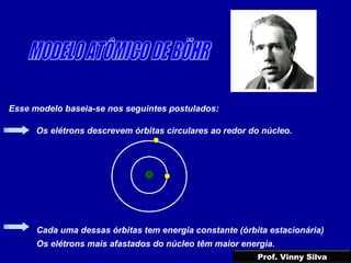 Esse modelo baseia-se nos seguintes postulados:
Os elétrons descrevem órbitas circulares ao redor do núcleo.
Cada uma dessas órbitas tem energia constante (órbita estacionária)
Os elétrons mais afastados do núcleo têm maior energia.
Prof. Vinny Silva
 
