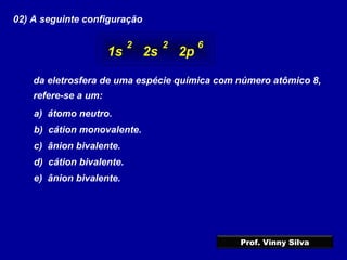 02) A seguinte configuração
da eletrosfera de uma espécie química com número atômico 8,
refere-se a um:
a) átomo neutro.
b) cátion monovalente.
c) ânion bivalente.
d) cátion bivalente.
e) ânion bivalente.
1s 2s 2p
2 62
Prof. Vinny Silva
 