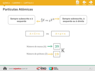 www.sejaetico.com.br 11
PróximoVoltarInício
QUÍMICA » CADERNO 1 » CAPÍTULO 2
Partículas Atômicas
Sempre subescrito e à
esquerda ou
Sempre sobrescrito, à
esquerda ou à direita
ou
K
Número de massa (A)
Número de prótons (Z)
 