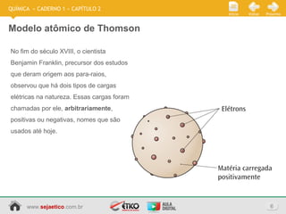 www.sejaetico.com.br 6
PróximoVoltarInício
QUÍMICA » CADERNO 1 » CAPÍTULO 2
Modelo atômico de Thomson
No fim do século XVIII, o cientista
Benjamin Franklin, precursor dos estudos
que deram origem aos para-raios,
observou que há dois tipos de cargas
elétricas na natureza. Essas cargas foram
chamadas por ele, arbitrariamente,
positivas ou negativas, nomes que são
usados até hoje.
 