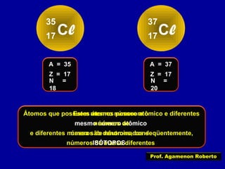 Cl
35
17 Cl
37
17
Z = 17
A = 35
N =
18
Z = 17
A = 37
N =
20
Estes átomos possuem o
mesmo número atômico
e diferentes números de nêutrons, conseqüentemente,
números de massa diferentes
Átomos que possuem mesmo número atômico e diferentes
números de
massa são denominados de
ISÓTOPOS
Prof. Agamenon Roberto
 