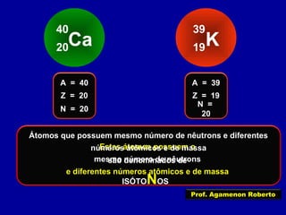 Ca
40
20 K
39
19
Z = 20
A = 40
N = 20
Z = 19
A = 39
N =
20
Estes átomos possuem o
mesmo número de nêutrons
e diferentes números atômicos e de massa
Átomos que possuem mesmo número de nêutrons e diferentes
números atômicos e de massa
são denominados de
ISÓTONOS
Prof. Agamenon Roberto
 
