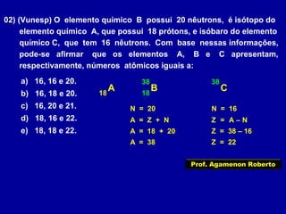 02) (Vunesp) O elemento químico B possui 20 nêutrons, é isótopo do
elemento químico A, que possui 18 prótons, e isóbaro do elemento
químico C, que tem 16 nêutrons. Com base nessas informações,
pode-se afirmar que os elementos A, B e C apresentam,
respectivamente, números atômicos iguais a:
a) 16, 16 e 20.
b) 16, 18 e 20.
c) 16, 20 e 21.
d) 18, 16 e 22.
e) 18, 18 e 22.
B
N = 20
A18 18
A = 18 + 20
A = 38
38
C
38
N = 16
Z = 38 – 16
Z = 22
A = Z + N Z = A – N
Prof. Agamenon Roberto
 