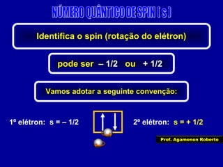 1º elétron: s = – 1/2 2º elétron: s = + 1/2
Identifica o spin (rotação do elétron)
pode ser – 1/2 ou + 1/2
Vamos adotar a seguinte convenção:
Prof. Agamenon Roberto
 