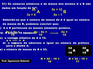 01) Os números atômicos e de massa dos átomos A e B são
dados em função de “x”.
Sabendo-se que o número de massa de A é igual ao número
de massa de B, podemos concluir que:
a) A e B pertencem ao mesmo elemento químico.
A B
8x 5x + 12
3x + 4 4x – 1
8x = 5x +
12
3
x =
12
= 4
A
32
16
B
32
15
N = 32 – 16 =
16Prof. Agamenon Roberto
8x – 5x =
12
3x =
12
b) B possui 16 nêutrons.
N = 32 – 15 =
17
c) o número atômico de A é 15.
d) o número de nêutrons é igual ao número de prótons
para o átomo A.
e) o número de massa de B é 33.
 