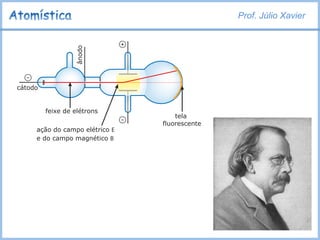 Prof. Júlio Xavier
e a massa da bola, poderemos prever qual o desvio que ela irá
sofrer. Por exemplo, uma bola de golfe desviará muito menos
que uma bola de pingue-pongue, devido à diferença entre
suas massas. Portanto, o desvio permitirá calcular a massa.
+
–
–
cátodo
ânodo
feixe de elétrons
tela
fluorescente
ação do campo elétrico E
e do campo magnético B
Experimento: Raios catódicos sob a ação de um campo elétrico.
Com os raios catódicos, é um pouco mais complicado
do que com bolas de golfe, porque o efeito do vento é
substituído por um campo elétrico e um campo magnético,
que agem sobre o elétron carregado negativamente. O desvio
produzido é proporcional à carga do elétron e inversamente
proporcional a sua massa. Visto que esse tipo de medida
dá apenas uma resposta, encontramos na experiência de
Thomson somente o valor da relação carga / massa.
 