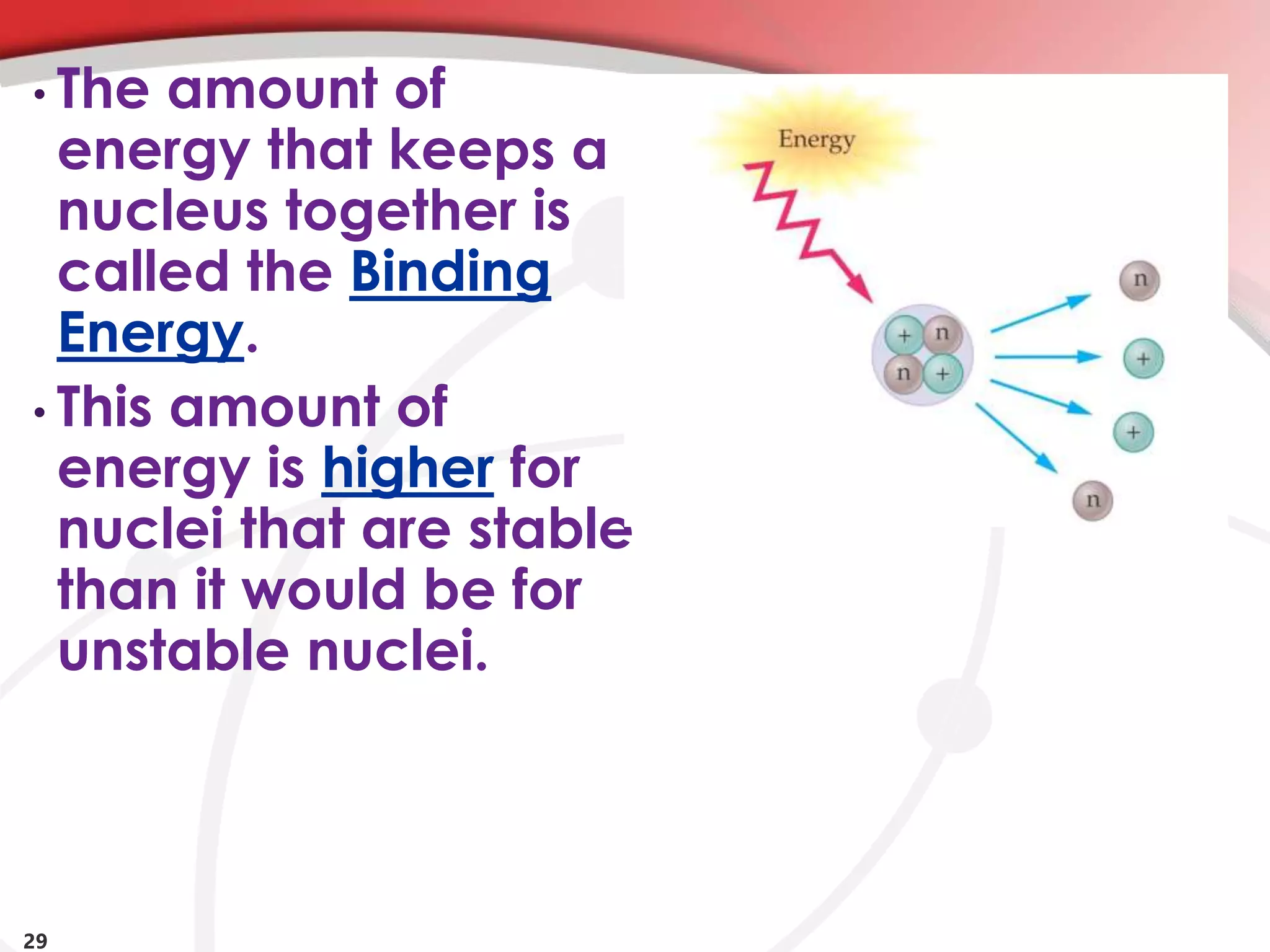 29
• The amount of
energy that keeps a
nucleus together is
called the Binding
Energy.
• This amount of
energy is higher for
nuclei that are stable
than it would be for
unstable nuclei.
 