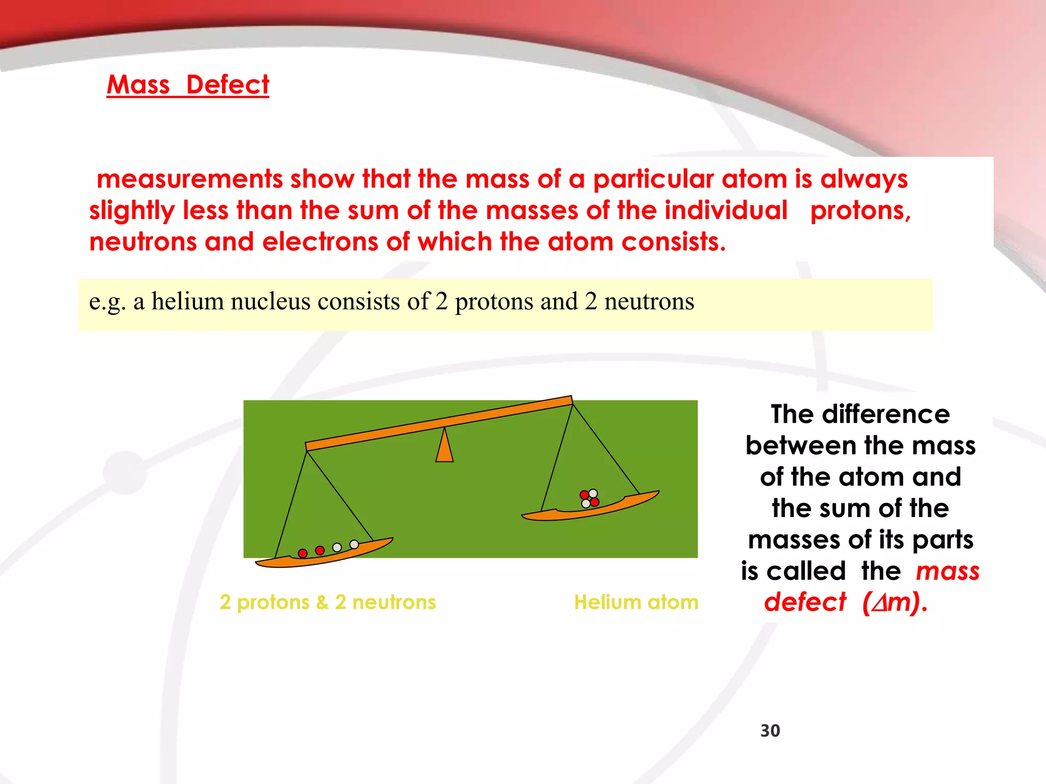 30
Mass Defect
The difference
between the mass
of the atom and
the sum of the
masses of its parts
is called the mass
defect (Dm).
measurements show that the mass of a particular atom is always
slightly less than the sum of the masses of the individual protons,
neutrons and electrons of which the atom consists.
e.g. a helium nucleus consists of 2 protons and 2 neutrons
2 protons & 2 neutrons Helium atom
 
