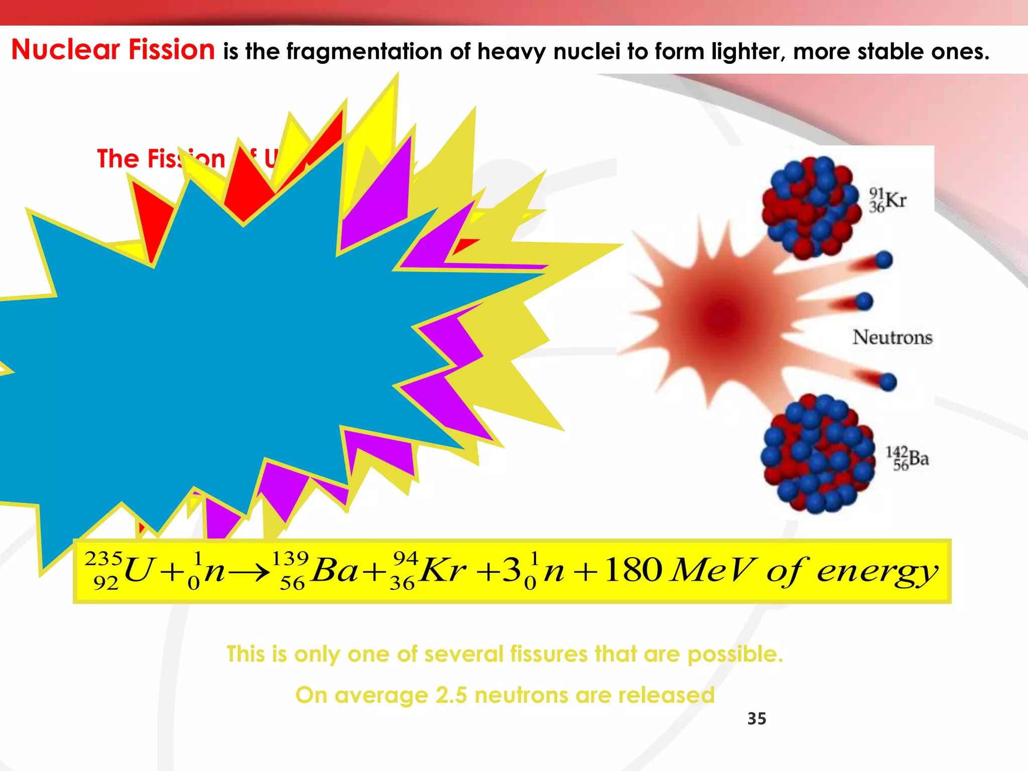 35
Nuclear Fission is the fragmentation of heavy nuclei to form lighter, more stable ones.
The Fission of U - 235
U235
92
energyofMeVnKrBanU 18031
0
94
36
139
56
1
0
235
92 
This is only one of several fissures that are possible.
On average 2.5 neutrons are released
 