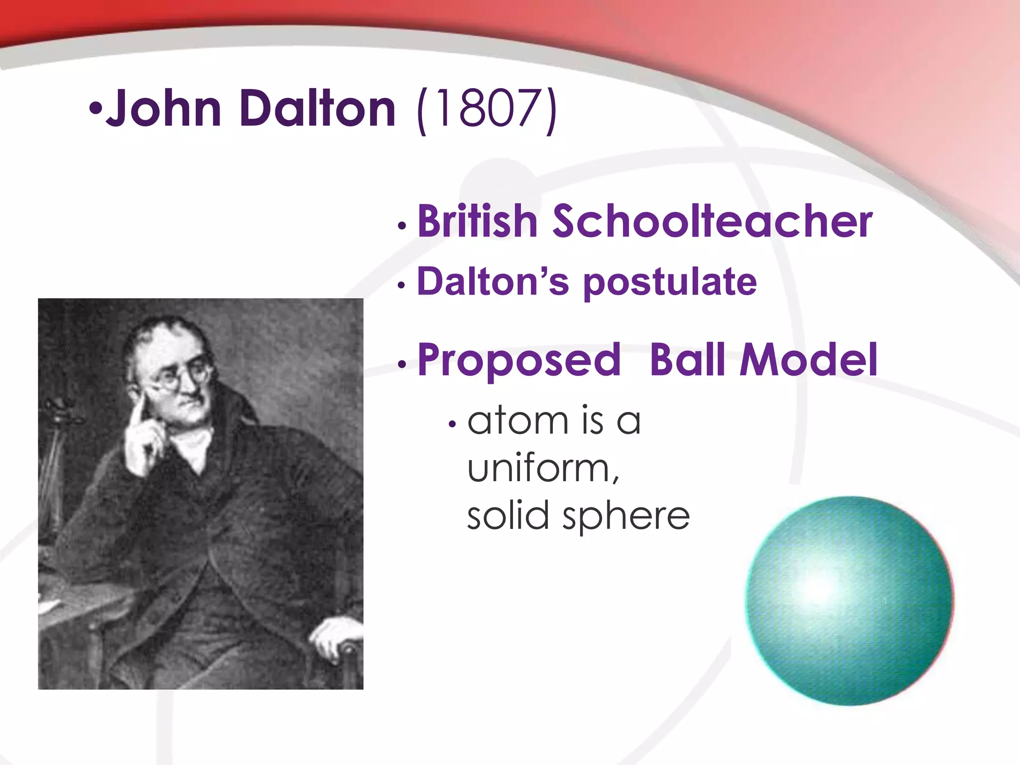 •John Dalton (1807)
• British Schoolteacher
• Dalton’s postulate
• Proposed Ball Model
• atom is a
uniform,
solid sphere
 