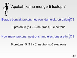 Apakah kamu mengerti Isotop ?

                                                  14
Berapa banyak proton, neutron, dan elektron   dalamC ?
                                                   6


       6 proton, 8 (14 - 6) neutrons, 6 electrons

                                                  11
How many protons, neutrons, and electrons are   in 6 C ?

      6 protons, 5 (11 - 6) neutrons, 6 electrons


                                                      2.3
 
