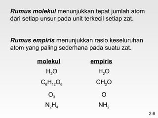 Rumus molekul menunjukkan tepat jumlah atom
dari setiap unsur pada unit terkecil setiap zat.


Rumus empiris menunjukkan rasio keseluruhan
atom yang paling sederhana pada suatu zat.

         molekul            empiris
            H2O                H2O
          C6H12O6             CH2O

             O3                 O
            N2H4               NH2
                                                   2.6
 