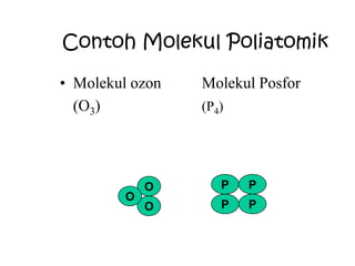 Contoh Molekul Poliatomik

• Molekul ozon   Molekul Posfor
  (O3)           (P4)




             O      P   P
         O
             O      P   P
 