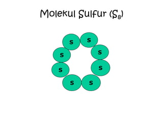 Molekul Sulfur (S8)


        S   S

                S
    S

    S           S

        S   S
 