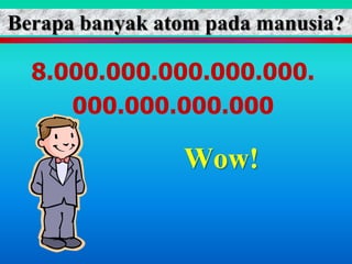 Berapa banyak atom pada manusia?

  8.000.000.000.000.000.
     000.000.000.000

                Wow!
 