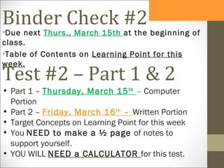 Binder Check #2
•Due next Thurs., March 15th at the beginning of
class.
•Table of Contents on Learning Point for this
week...