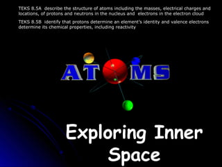 Exploring InnerExploring Inner
SpaceSpace
TEKS 8.5A describe the structure of atoms including the masses, electrical charges and
locations, of protons and neutrons in the nucleus and electrons in the electron cloud
TEKS 8.5B identify that protons determine an element’s identity and valence electrons
determine its chemical properties, including reactivity
 