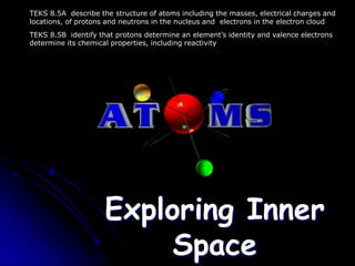 Exploring Inner Space 
TEKS 8.5A describe the structure of atoms including the masses, electrical charges and locations, of protons and neutrons in the nucleus and electrons in the electron cloud 
TEKS 8.5B identify that protons determine an element’s identity and valence electrons determine its chemical properties, including reactivity  