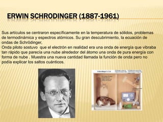 Erwin Schrodinger (1887-1961)Sus artículos se centraron específicamente en la temperatura de sólidos, problemas de termodinámica y espectros atómicos. Su gran descubrimiento, la ecuación de ondas de Schrödinger,Onda piloto sostuvo  que el electrón en realidad era una onda de energía que vibraba tan rápido que parecía una nube alrededor del átomo una onda de pura energía con forma de nube . Muestra una nueva cantidad llamada la función de onda pero no podía explicar los saltos cuánticos. 