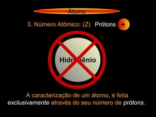 3. Número Atômico: (Z) Prótons +
A caracterização de um átomo, é feita
exclusivamente através do seu número de prótons.
Hidrogênio
Átomo
 