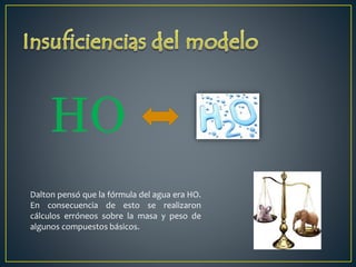 HO 
Dalton pensó que la fórmula del agua era HO. 
En consecuencia de esto se realizaron 
cálculos erróneos sobre la masa y peso de 
algunos compuestos básicos. 
 