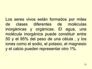 Los seres vivos están formados por miles
de clases diferentes de moléculas
inorgánicas y orgánicas. El agua, una
molécula inorgánica puede constituir entre
50 y el 95% del peso de una célula , y los
iones como el sodio, el potasio, el magnesio
y el calcio pueden representar otro 1%.

21

 