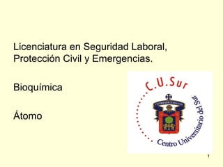Licenciatura en Seguridad Laboral,
Protección Civil y Emergencias.
Bioquímica
Átomo

1

 